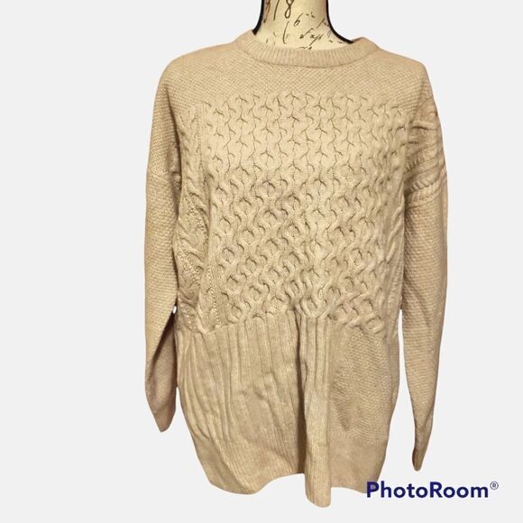 Madewell Ladies Size Medium Almond Patchwork Cable Knit Sweater - Picture 1 of 6